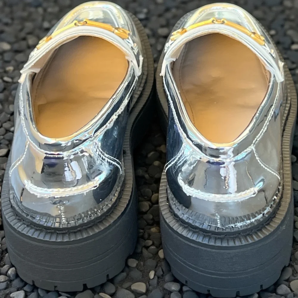 Sam Edelman Laurs Silver Metallic Kids Loafers with Gold Accent. NWOT In Box.